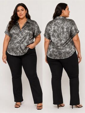 George 2X Silver Black Floral Satin Blouse Plus Size Short Sleeve Top